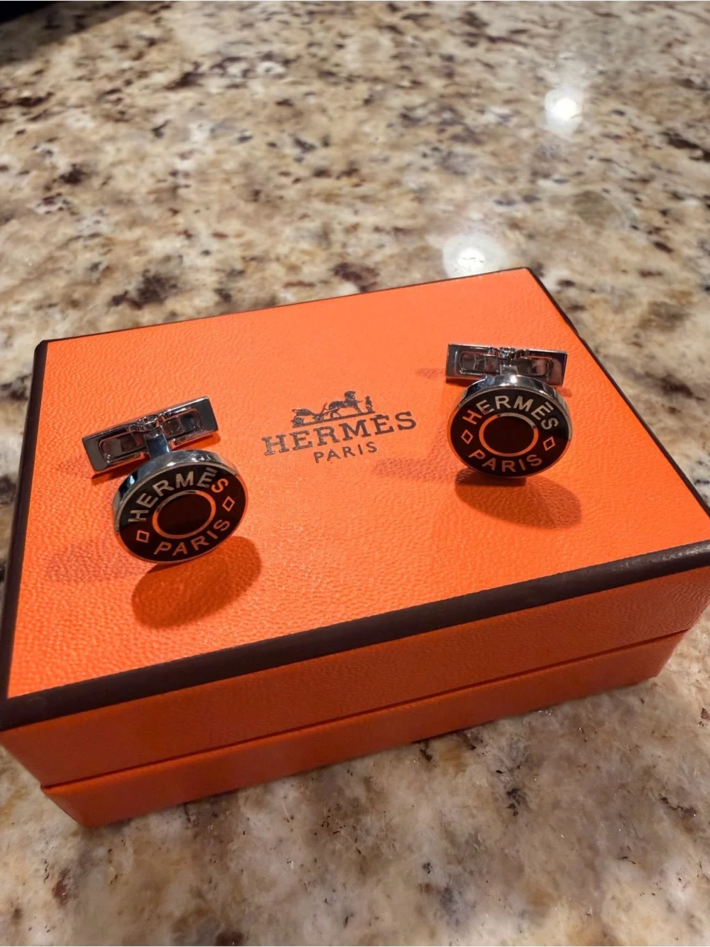 Hermes Black Round Logo Cufflinks